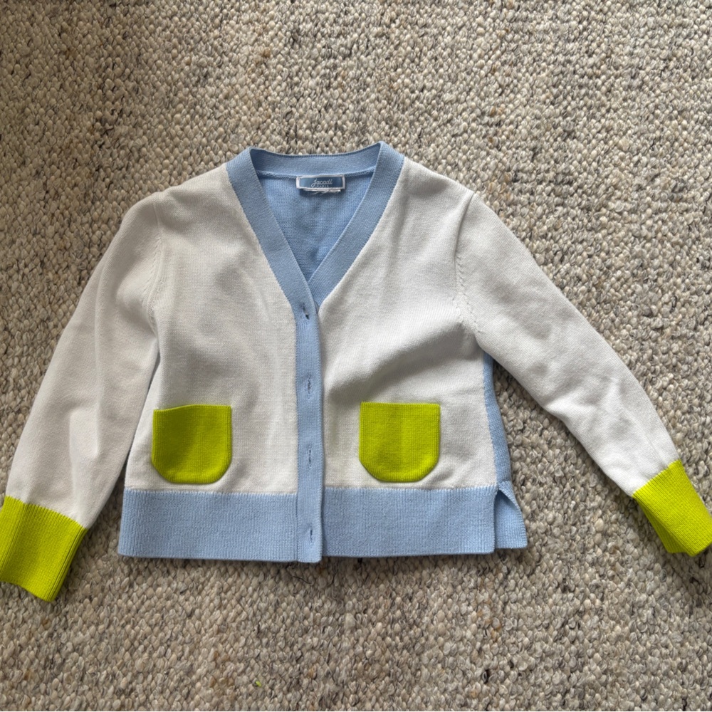 Jacadi White and Light Blue Cardigan with Lime Green Accents